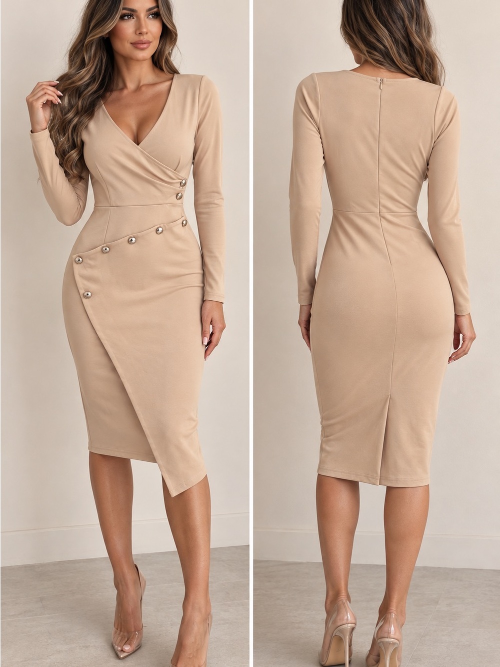 Beige Nude Long Sleeve Wrap Bodycon Midi Dress Size Small
